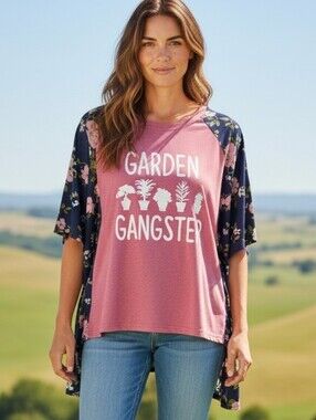 Upcycled Garden Gangster Women's Floral Sleeve Top - Pink and Blue